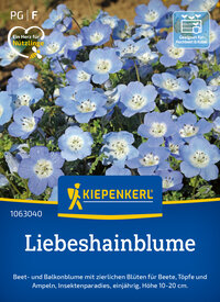 Blaue Liebesheidenblumen auf einer Pflanzentüte, mit Text und Logo auf blauem Hintergrund.