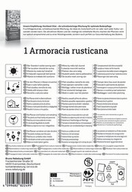 Saat im Bodenbereich mit Wasser, Pflanzen in Töpfen, 9 Symbole für Pflegehinweise und pflanzenbezogene Informationen.