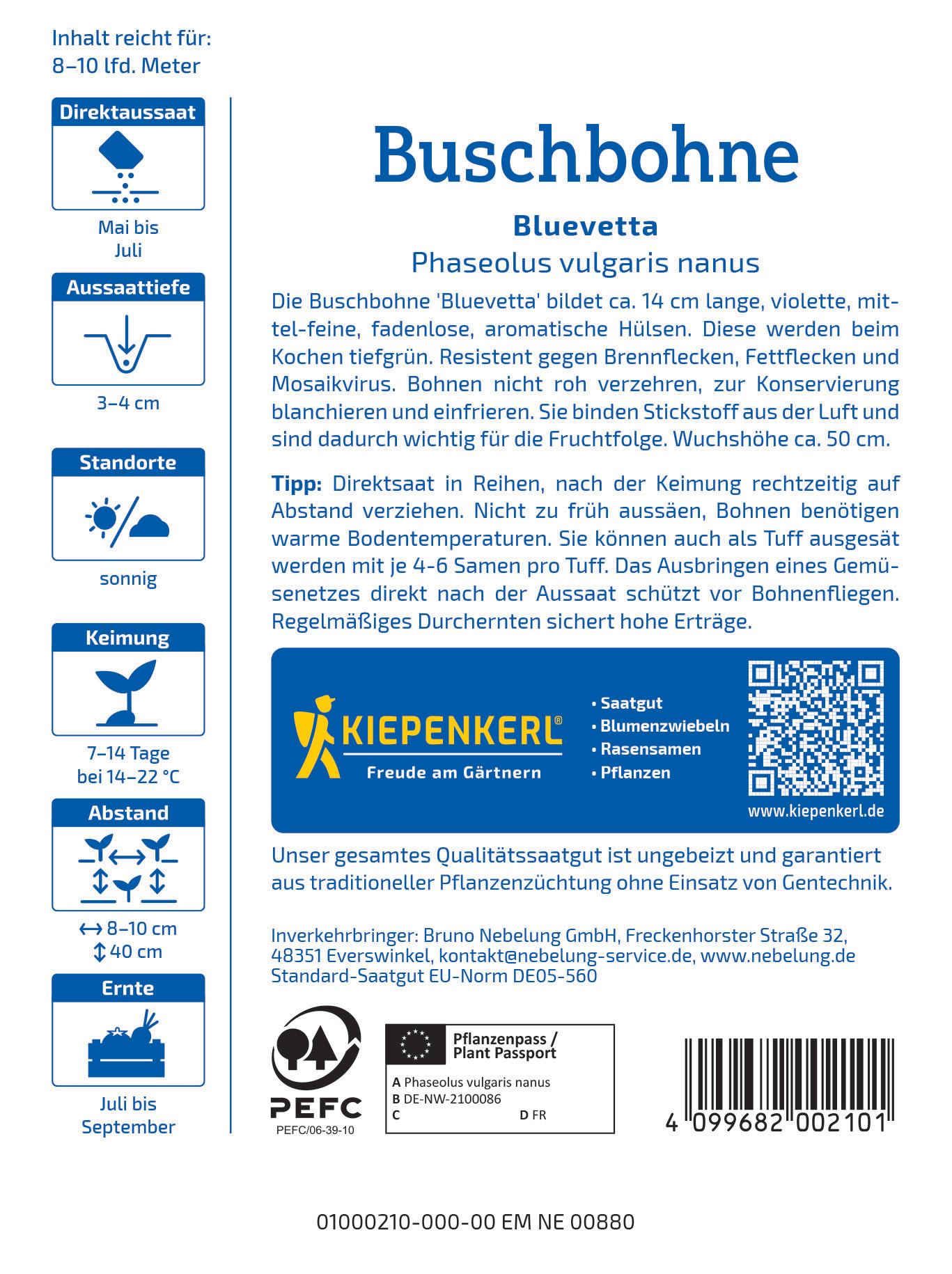 Blaufärbige Packungsbeilage für Buschbohnen mit Text und Symbolen, QR-Code, Barcodes, Logo von Kiepenkerl.
