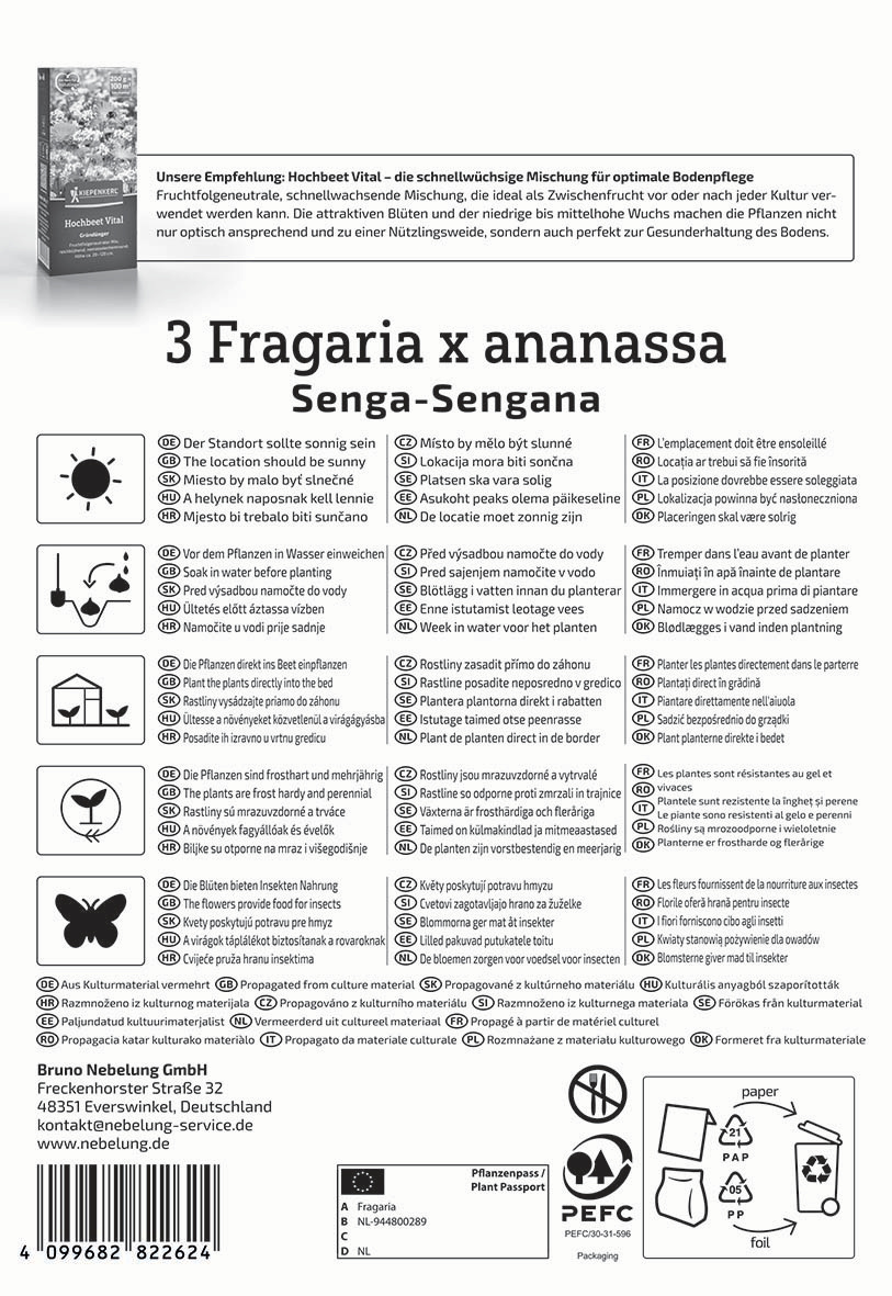 Pflanzenmix in einem Beutel, Anleitungssymbole, Barcode, Adresse, Pflanzpässen-Logo, Recyclingzeichen.