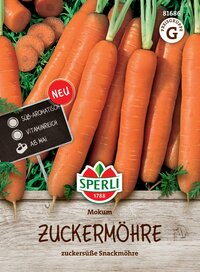 Mehrere Karotten mit Grün, auf Holzuntergrund, Verpackung für Zuckermöhren, deutsches Produkt, neu, süß, vitaminreich.