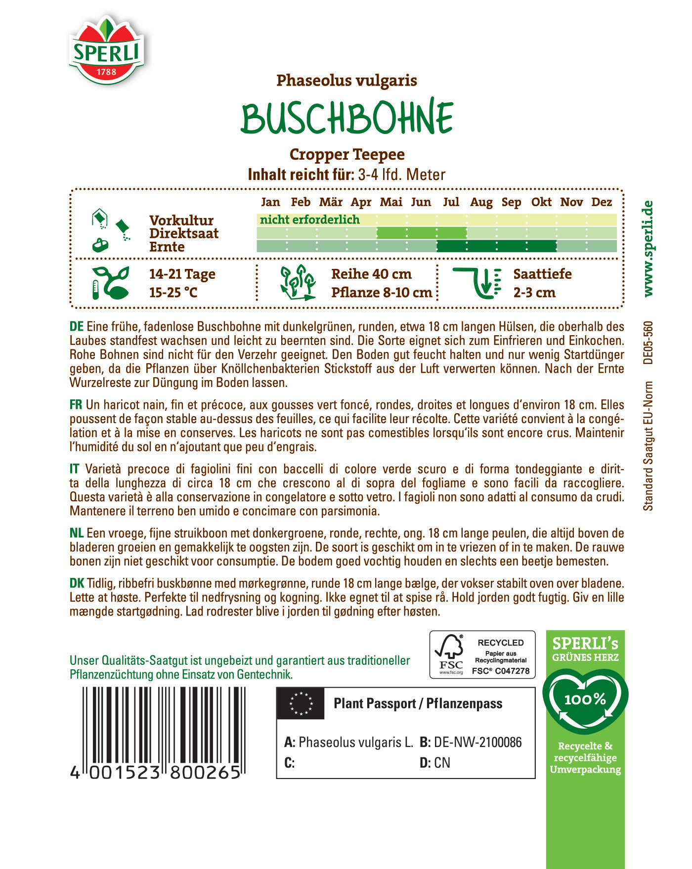 Buschbohne Pflanze mit grünen, runden Hülsen, ca. 18 cm lang, im Versandkarton.