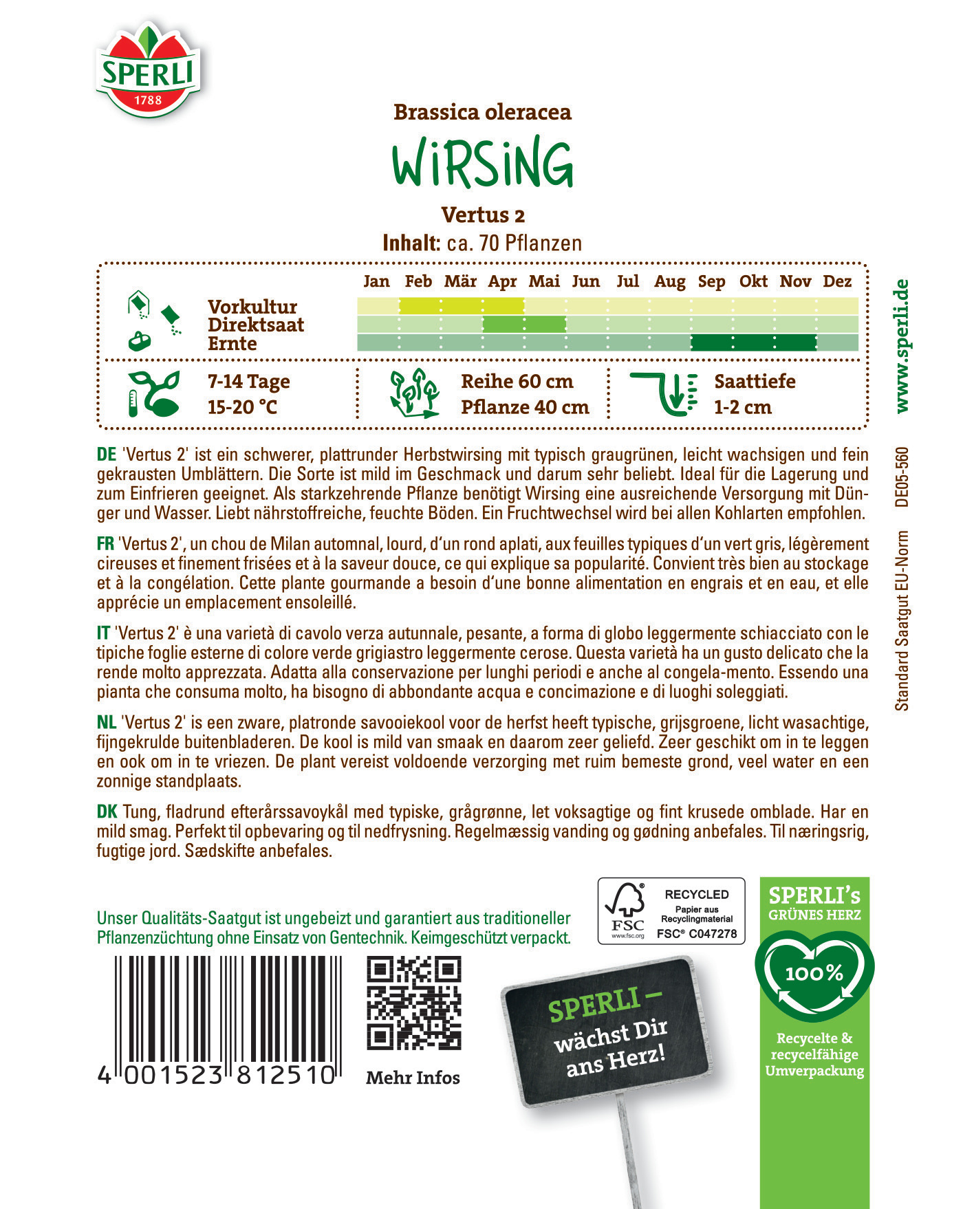Bild mit Pflanzensamenaufkleber, enthält Informationen zur Wirsing-Sorte Vertus 2 mit Anbauhinweisen und Pflegeempfehlungen.