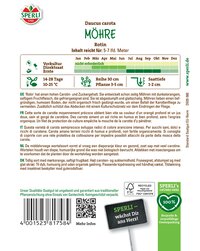 Möhre Daucus carota Karte mit Pflanzeninformationen, Anbautipps und Herkunft auf weißem Hintergrund.