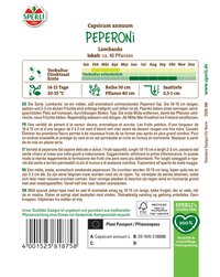 Peperoni Paket mit informationen zu Anbau, Erntezeit, Pflanztiefe und Geschmack, Text in mehreren Sprachen.