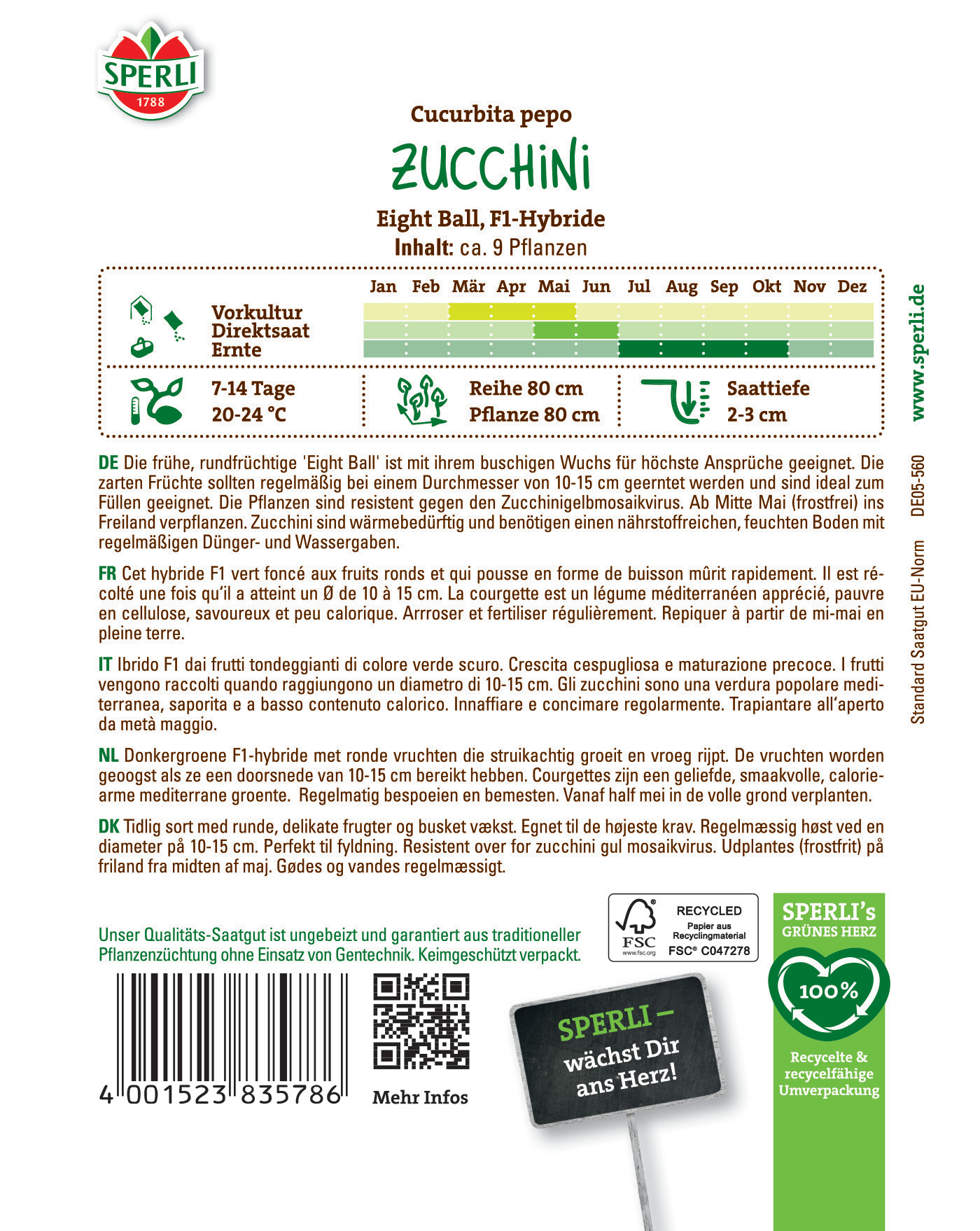 Bildbeschreibung einer Zucchinipflanze mit Wachstumsdiagramm, Lagerung, Sorte und Herkunft.