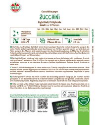 Bildbeschreibung einer Zucchinipflanze mit Wachstumsdiagramm, Lagerung, Sorte und Herkunft.