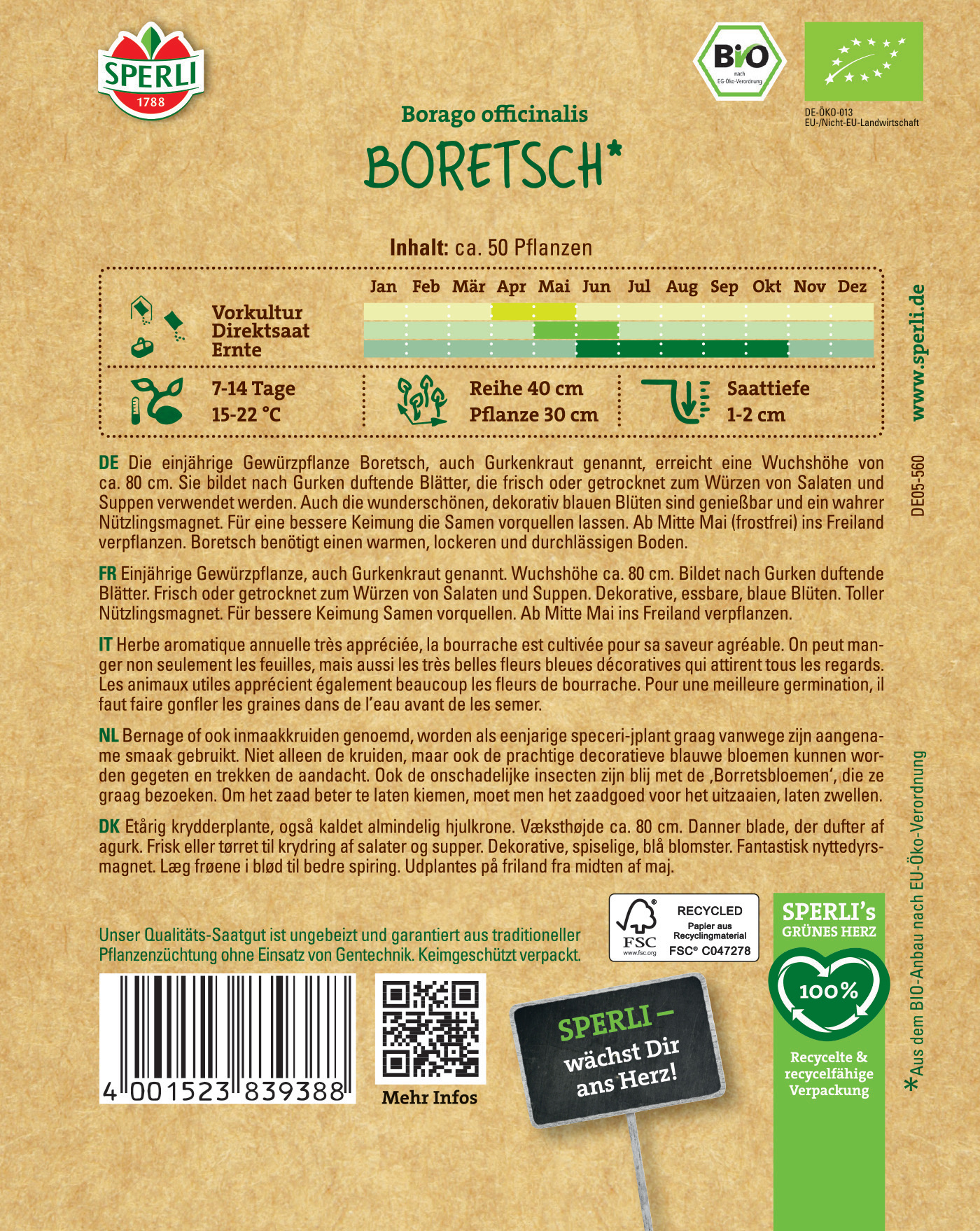 Packung mit Saatgut für Borago officinalis (Boretsch) auf braunem Hintergrund, grüne und weiße Text- und Logoelemente