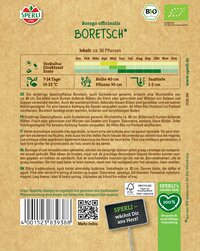 Packung mit Saatgut für Borago officinalis (Boretsch) auf braunem Hintergrund, grüne und weiße Text- und Logoelemente