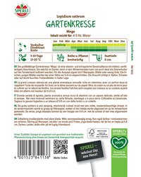 Gartenkresse auf der Verpackung, junge Blätter, abgeschnitten bei 5-8 cm Höhe, Blattstiele sichtbar.