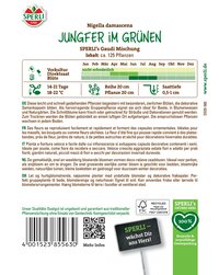 Karte mit Informationen über Nigella damascena Jungfer im Grünen, inklusive Blühzeit und Pflanzensorten.