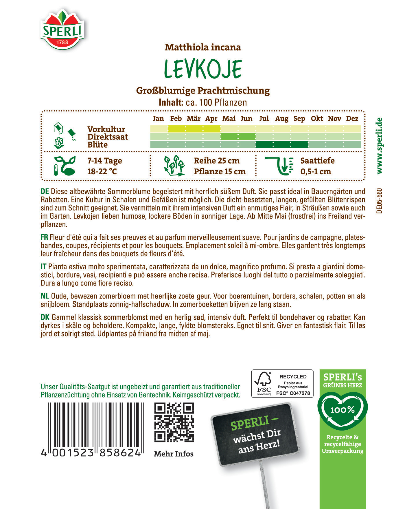Saat, Blüte, grüne Pflanze, ca. 100 Pflanzen, deutsche Beschreibung, QR-Code, Barcode, FSC-Recyclingzeichen.