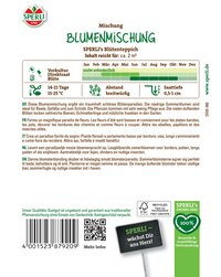 Blumenmischung mit bunten Blumen, Wikinger-Text auf grüner Fläche, Barcode, QR-Code, FSC-Logo und Slogan.