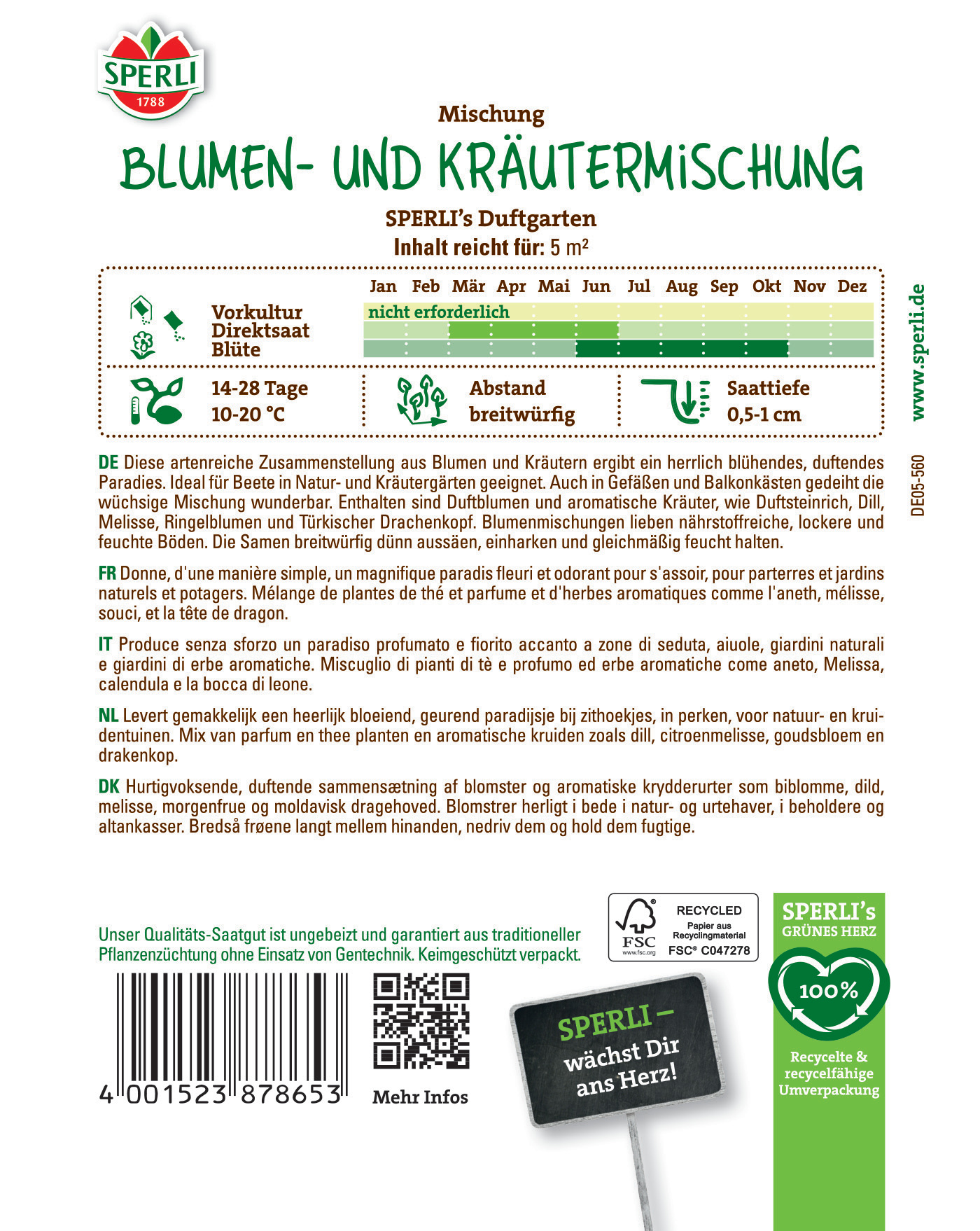 Blumen- und Kräutermischung, grüne Verpackung, mit Pflanzenlogo, QR-Code und Bar-Code auf weißem Hintergrund.