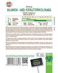 Blumen- und Kräutermischung, grüne Verpackung, mit Pflanzenlogo, QR-Code und Bar-Code auf weißem Hintergrund.