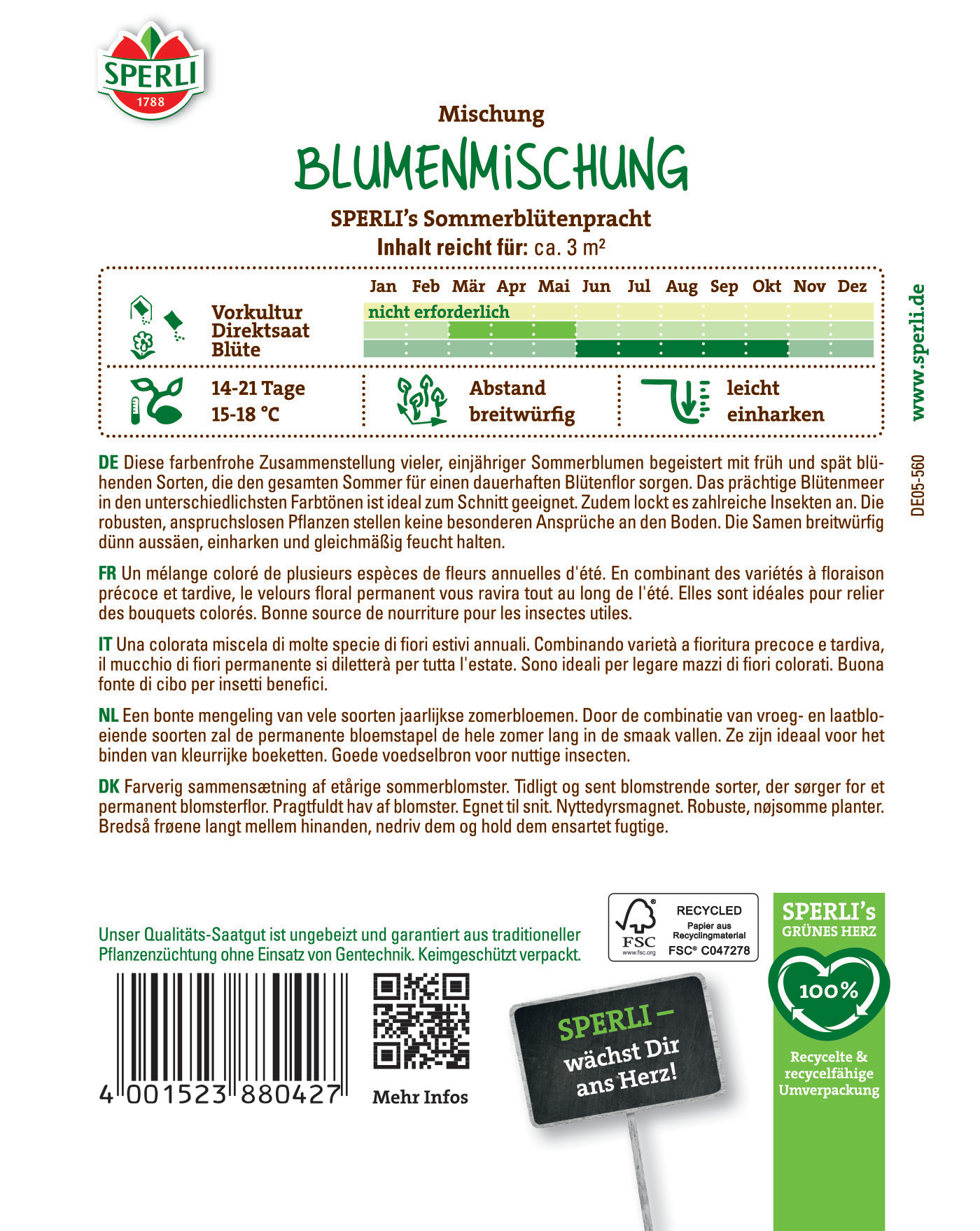 Blumenmischung mit bunten Sommerblumen, August bis Oktober, breite Samen, nicht erforderlich, robust, trocken haltbar.