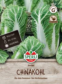 Chinakohl mit grünen Blättern, auf Holzboden, mit Beschilderung und Logo.