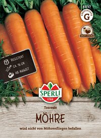 Ähnliche Möhren mit grünen Blättern, braunem Holzuntergrund, Zertifizierungs- und Hinweissiegel sichtbar.