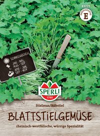 Blattstielgemüse mit grünen Blättern, auf Holzuntergrund, Marke Sperli, deutsche Verpackung.