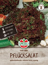 Rote Lollo Rosso Pflücksalat mit gewelltem, robustem Blatt, in Holzkiste, mit Label und Gemüse.