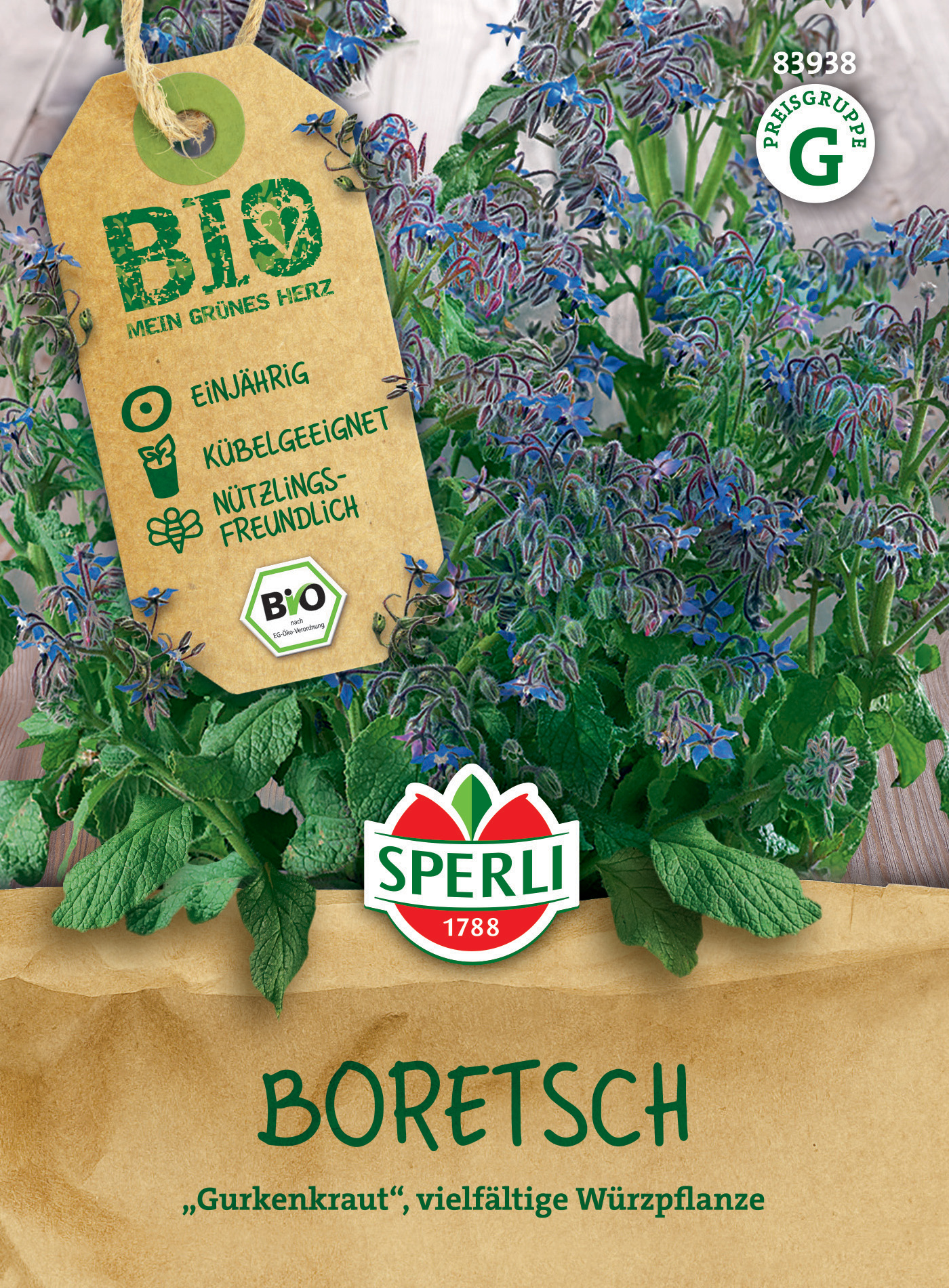 Borretsch mit blauen Blüten und grünem Laub, auf Verpackung angezeigt.