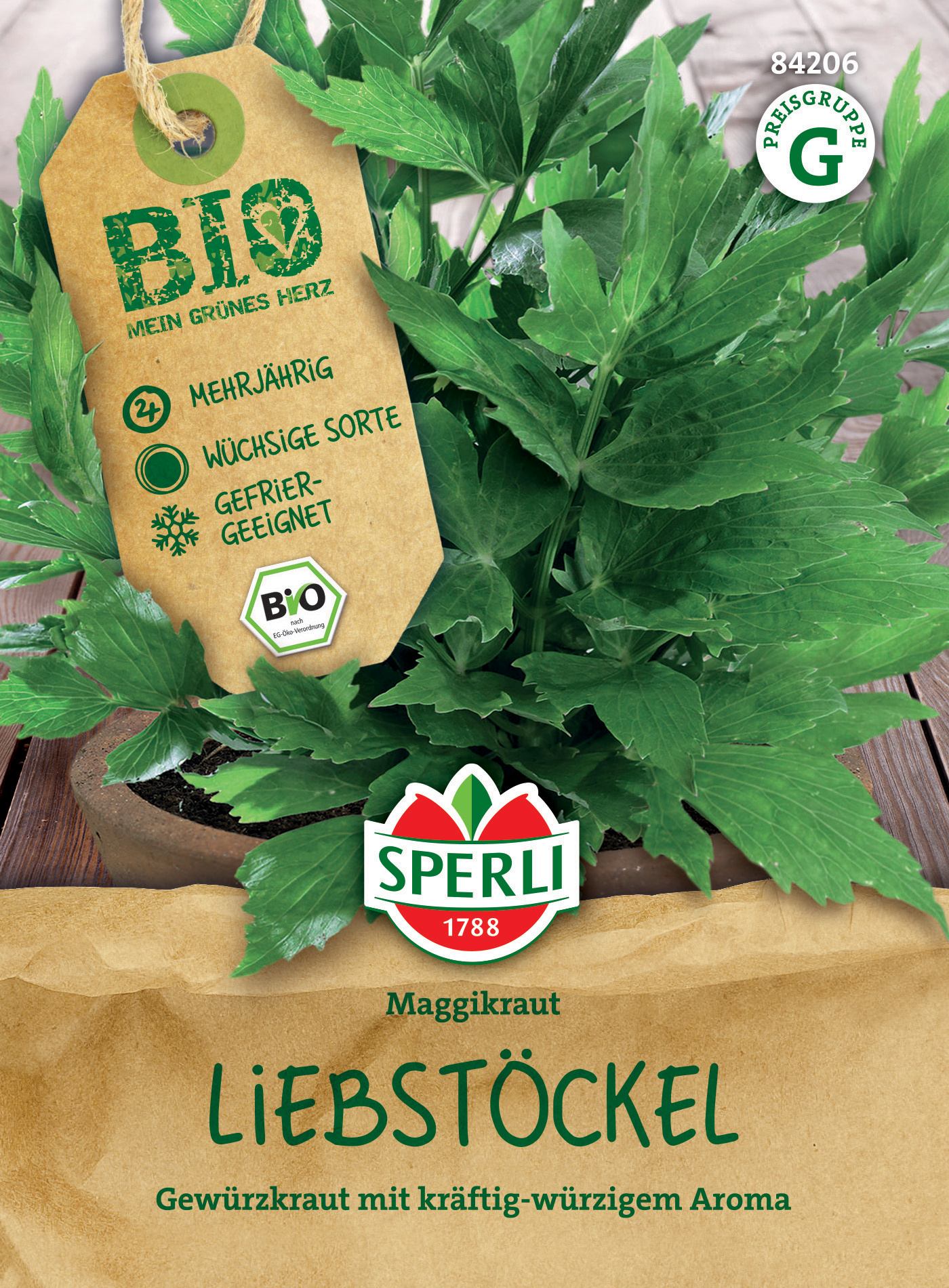 Pflanzenbild mit grünen, gezackten Maggikraut-Blättern in einem Topf, Verpackung mit Produktinformationen.