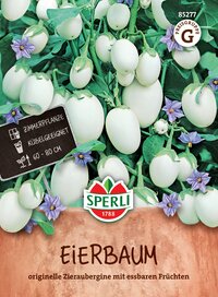 Weiße, längliche Eier an einer Pflanze mit lila Blüten, Verpackung für Eierbaum von Sperli.