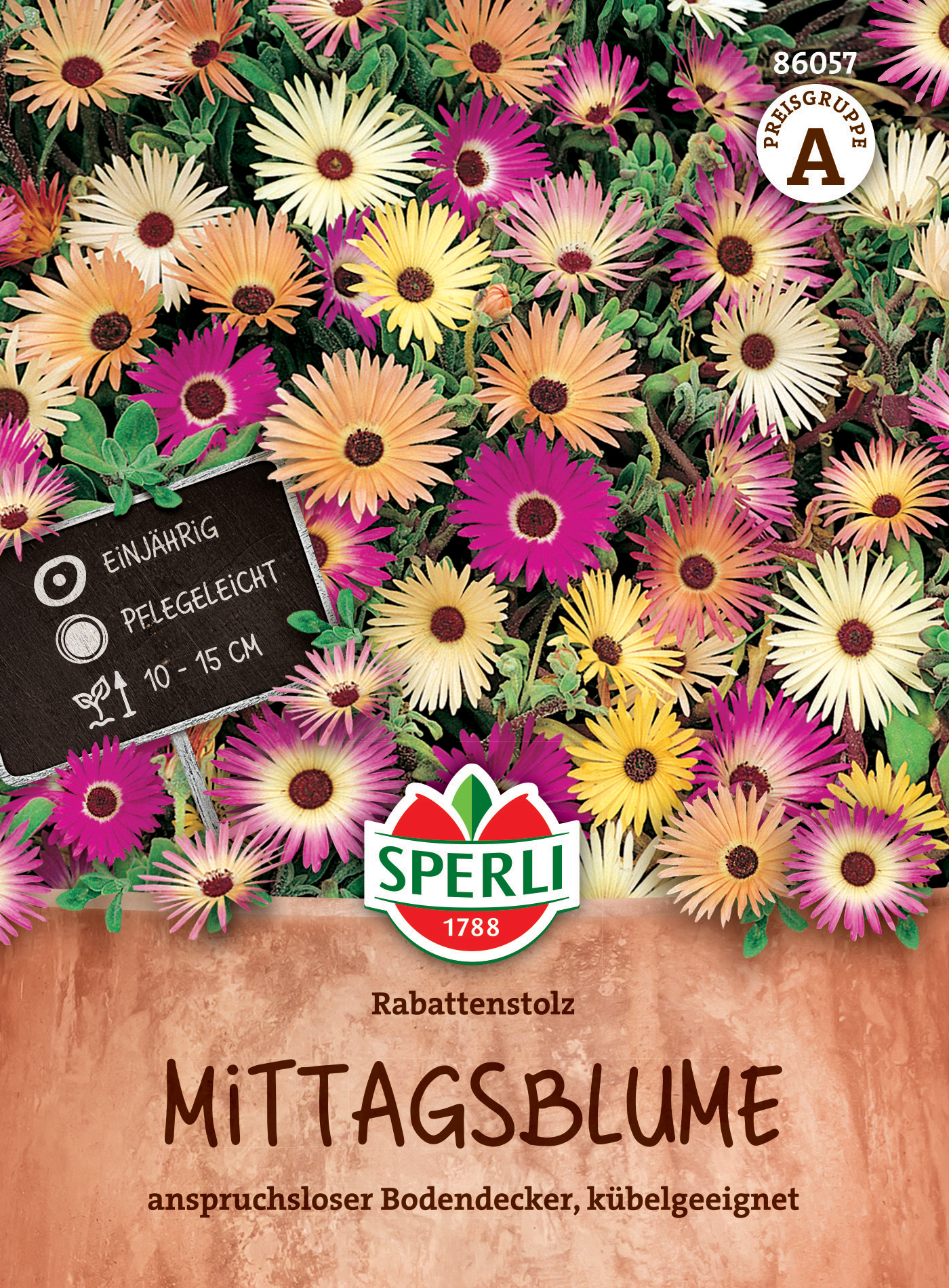 Bunte Mittagsblumen in einem Pflanzkübel, mit Schild und Verpackung.