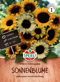 Bunter Sonnenblumenstrauß mit mehreren gelben und weißen Blüten, grünen Blättern und Herstelleretikett.