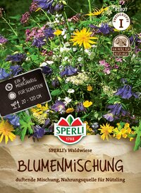 Bunte Blumenmischung mit verschiedenen Pflanzen und Blüten in einem Garten.