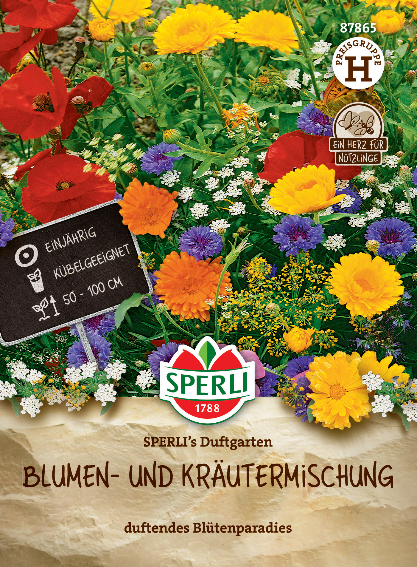 Bunte Blumen- und Kräutermischung in einem Gartenpark, mit Schild, Pflanze, Blüten, Logo und Text.