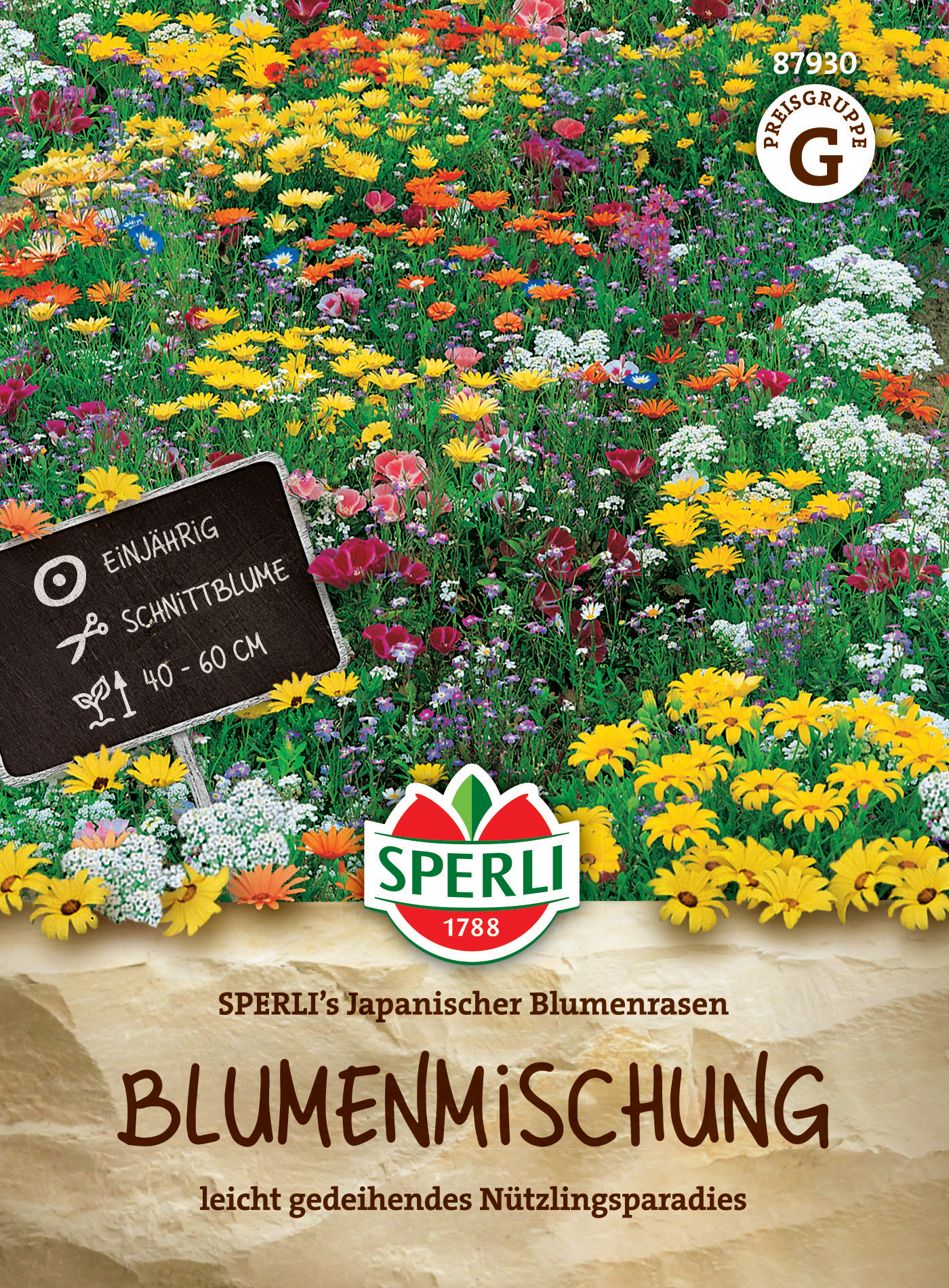 Bunte Blumenmischung mit gelben, roten, weißen, lilafarbenen und blauen Blumen in einem Garten.