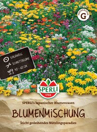 Bunte Blumenmischung mit gelben, roten, weißen, lilafarbenen und blauen Blumen in einem Garten.