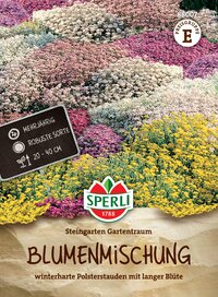 Blumenmischung mit winterharten Polsterstauden, bunte Blüten, viele Farben, Höhe 20-40 cm, für Gartentraum.