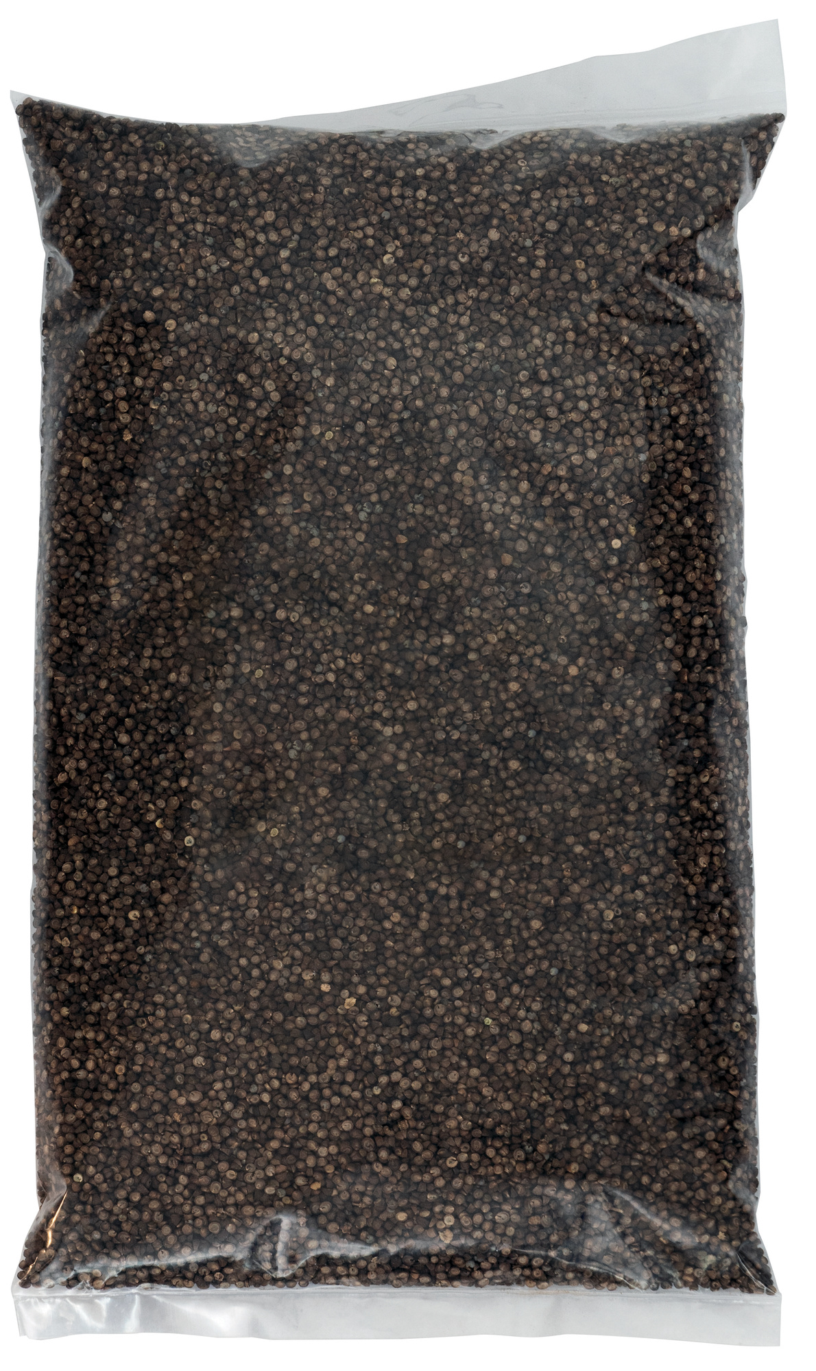 Vakuumverpackter Beutel mit schwarzen Pfefferkörnern.