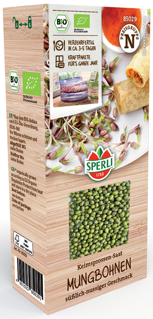Bio Mungbohnen Keimsprossen-Saat süßlich-nussiger Geschmack, in Verpackung sichtbar, für ca. 3-5 Tage keimen lassen.