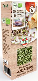 Bio Mungbohnen Keimsprossen-Saat süßlich-nussiger Geschmack, in Verpackung sichtbar, für ca. 3-5 Tage keimen lassen.