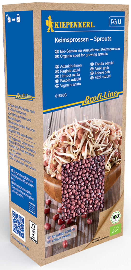 Packung mit Bio-Keimsprossen für Basilikum, Azuki, Fagiolo, Haricot, Fasola, Vigna, auf einem Holzbrett, mit Spaghetti.