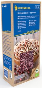 Packung mit Bio-Keimsprossen für Basilikum, Azuki, Fagiolo, Haricot, Fasola, Vigna, auf einem Holzbrett, mit Spaghetti.