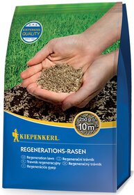 Pauschale mit Erde und Gras im Hintergrund, Hand hält Saatgut, Logo, Produktname und Angaben in mehreren Sprachen.