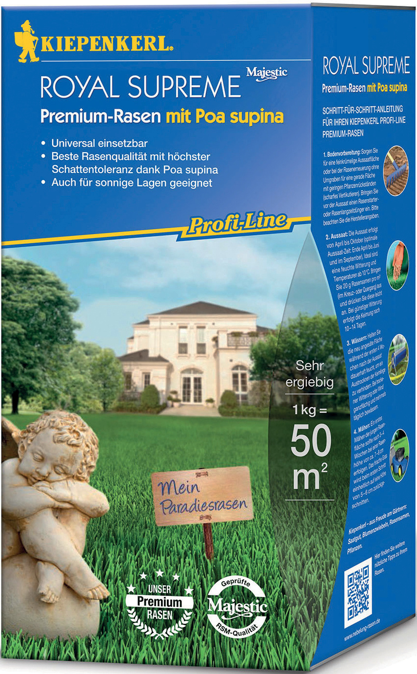 Blauer Karton mit gelbem Kiepenkerl-Logo, Text, Haus im Hintergrund, Garten mit Statue, buntes Etikett, QR-Code.