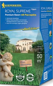 Blauer Karton mit gelbem Kiepenkerl-Logo, Text, Haus im Hintergrund, Garten mit Statue, buntes Etikett, QR-Code.