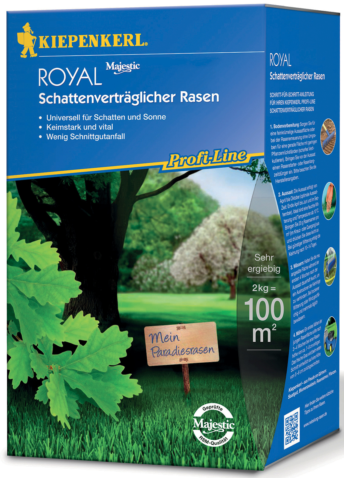 Kiepenkerl Royal Majestic Schattenverträglicher Rasen, Baum, Gras, Schild mit Aufschrift Mein Paradiesrasen, Logo Majestic.