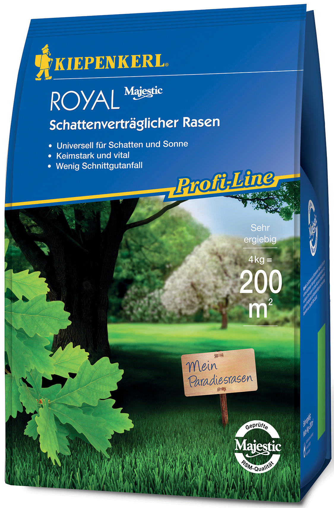 Blumen, Bäume, Rasenfläche, kleines Schild mit "Mein Paradiesrasen", blauer Sack mit Kiepenkerl Royal Majestic, grüne Landschaft.
