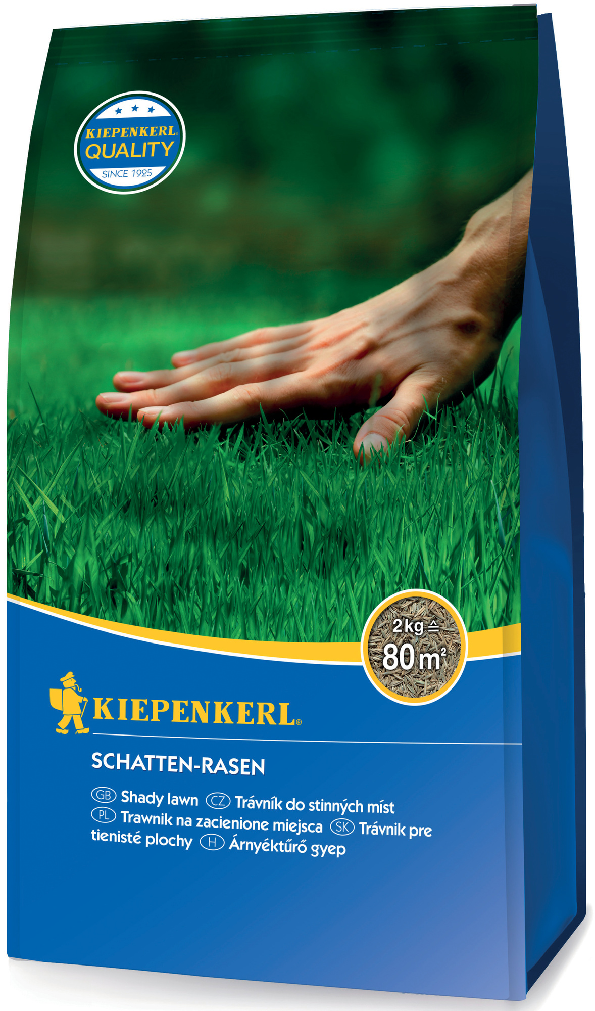 Hand, grass, and a product package with label showing 2 kg and 80 m².