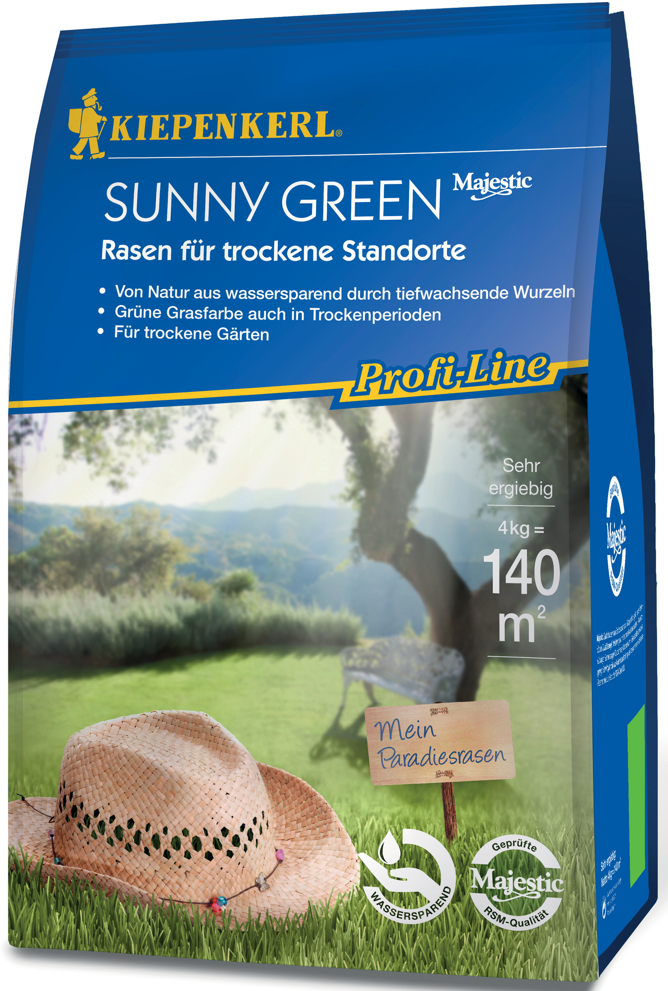 Paket mit grüner Rasenfläche, Baum im Hintergrund, Sonnenlicht, ein Strohhut im Gras, Schild mit "Mein Paradiesrasen".