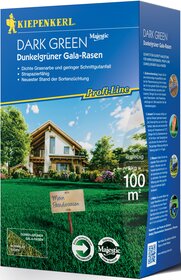 Haus mit Garten, Blumen, Gartentisch, Stühle, kleines Schild mit "Mein Paradiesrasen" vor grünem Rasen.