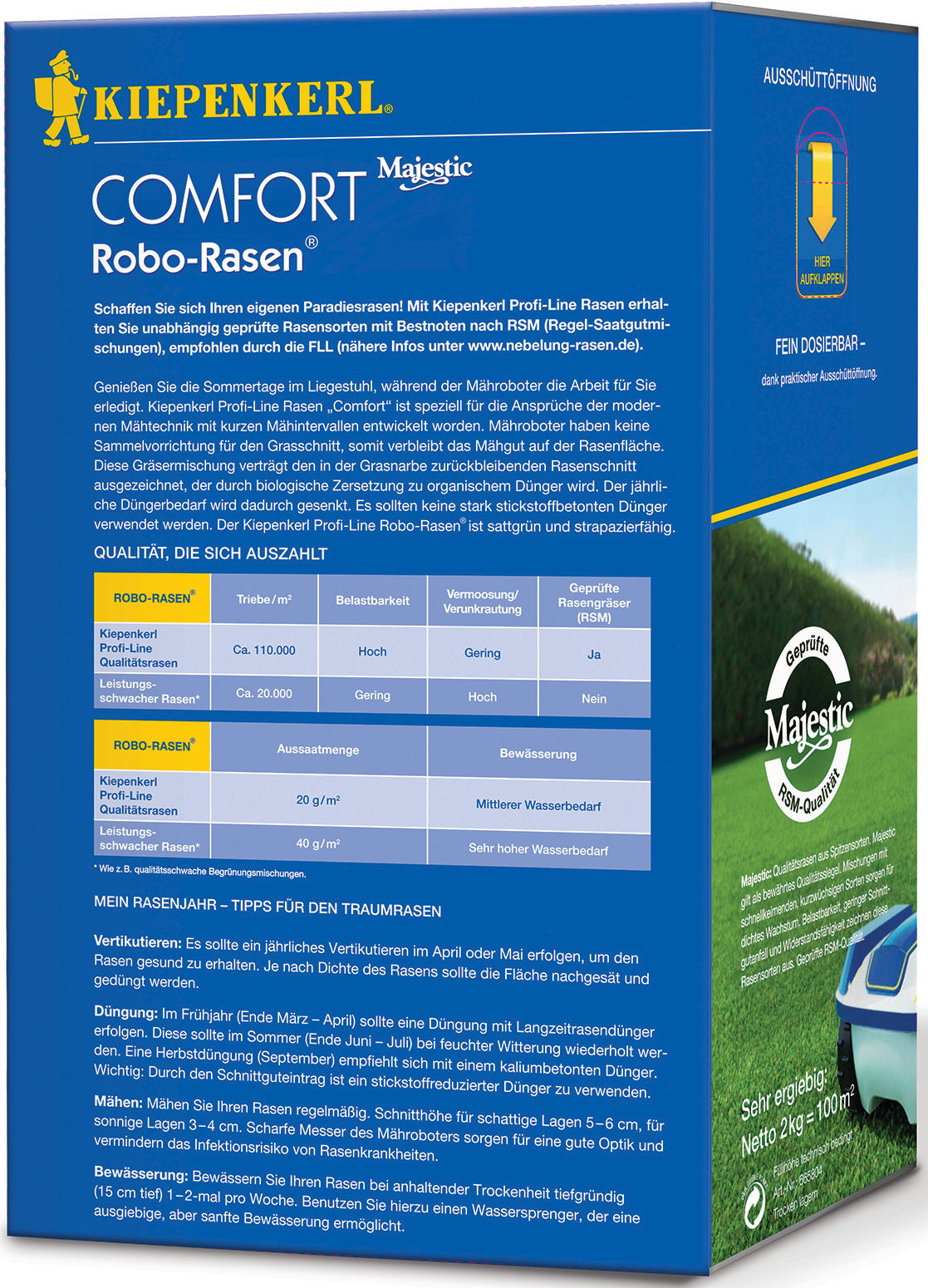 Blaue Verpackung mit gelbem Kiepenkerl-Logo, Text, Tabellen, Logo mit Majestic RSM-Qualität, Grünfläche, Rasenmäher.