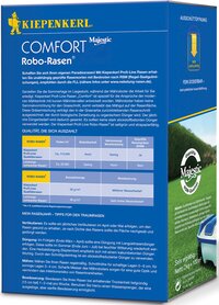 Blaue Verpackung mit gelbem Kiepenkerl-Logo, Text, Tabellen, Logo mit Majestic RSM-Qualität, Grünfläche, Rasenmäher.