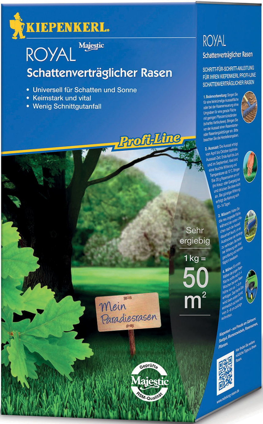 Blauer Karton mit Erde, Bäumen und Gras, Holzschild mit "Mein Paradiesrasen", Logo, Text und Icons darauf.